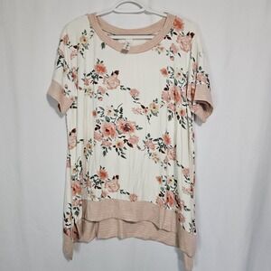 Floral Cottagecore‎ Tunic Top Cream Pink Roses Boho Soft Knit Layered Hem M